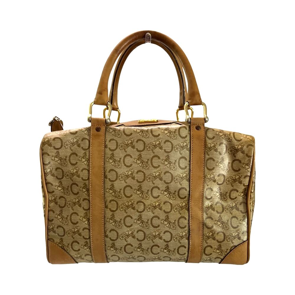 Celine Vintage Macadam Canvas Boston Doctor Bag Brown Leather Trim Made In Italy